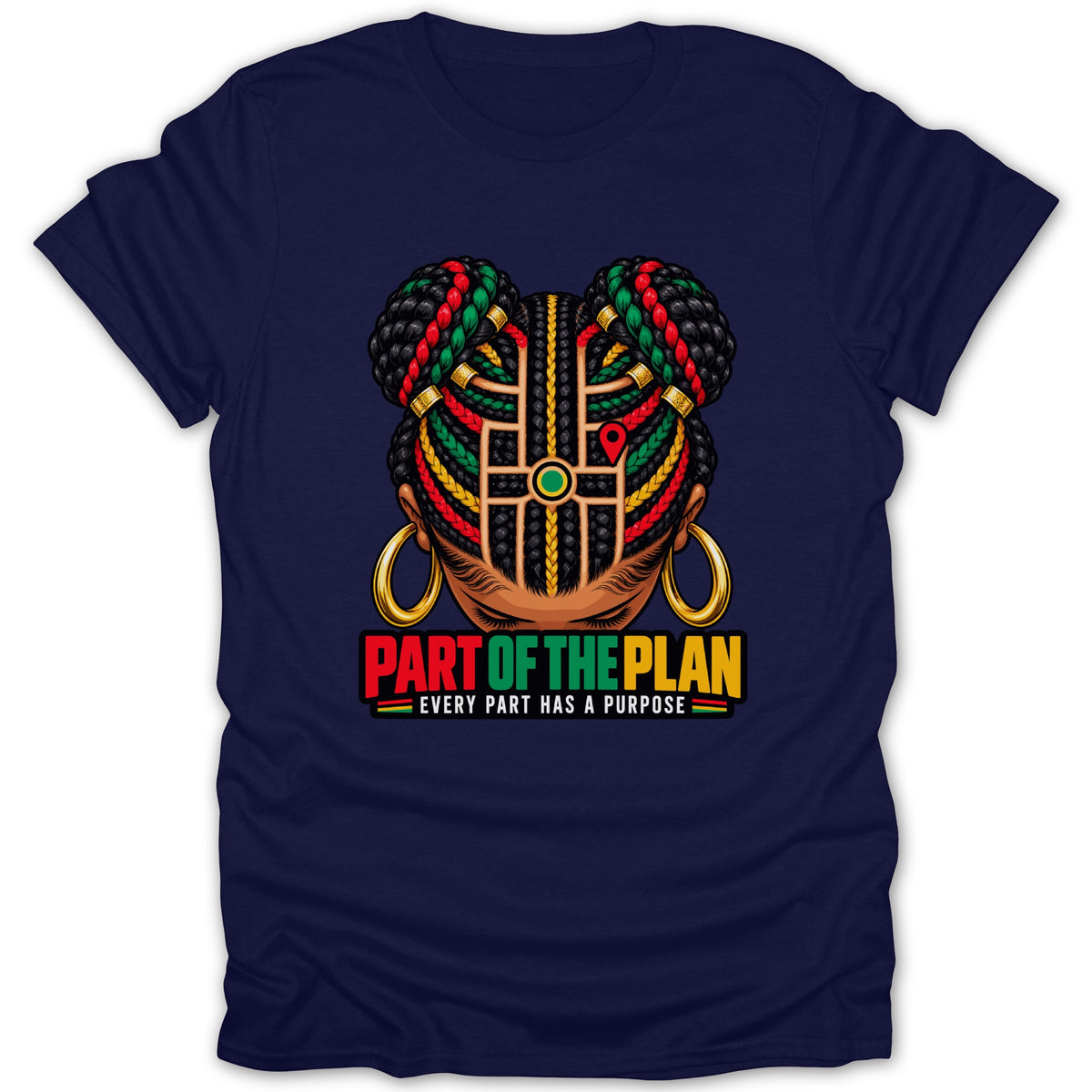 Illustration of braids with red, gold, and green accents, text "Part of the Plan".