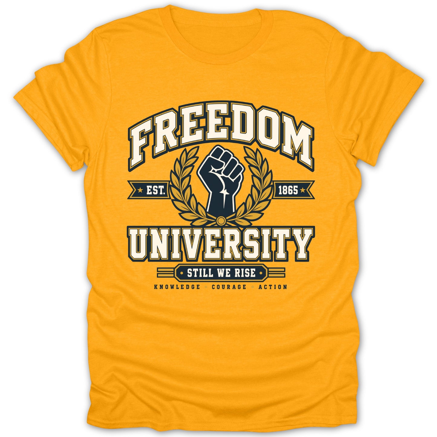Yellow t-shirt with "Freedom University" design featuring a raised fist and laurel wreath.