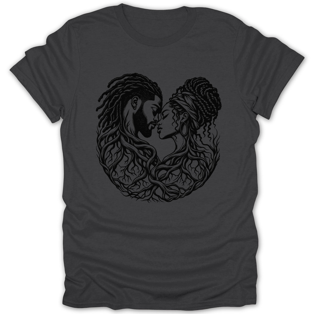Black graphic of a couple's faces intertwined with tree roots.
