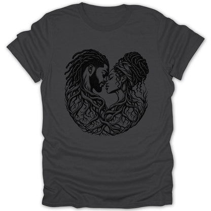 Black graphic of a couple's faces intertwined with tree roots.