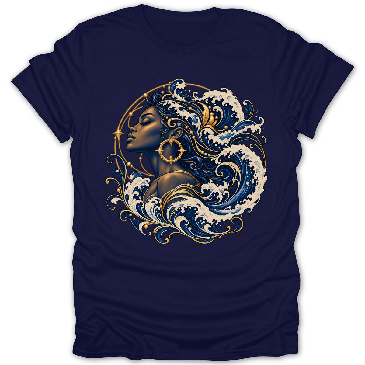 Dark blue t-shirt featuring a woman with wavy hair and oceanic waves.