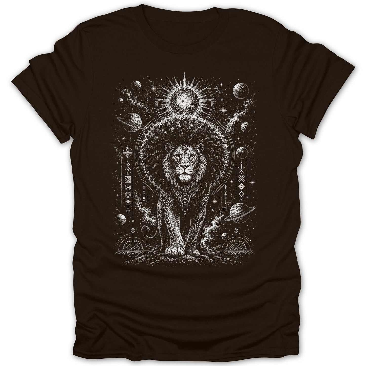 Dark t-shirt with a white celestial lion illustration and cosmic background.