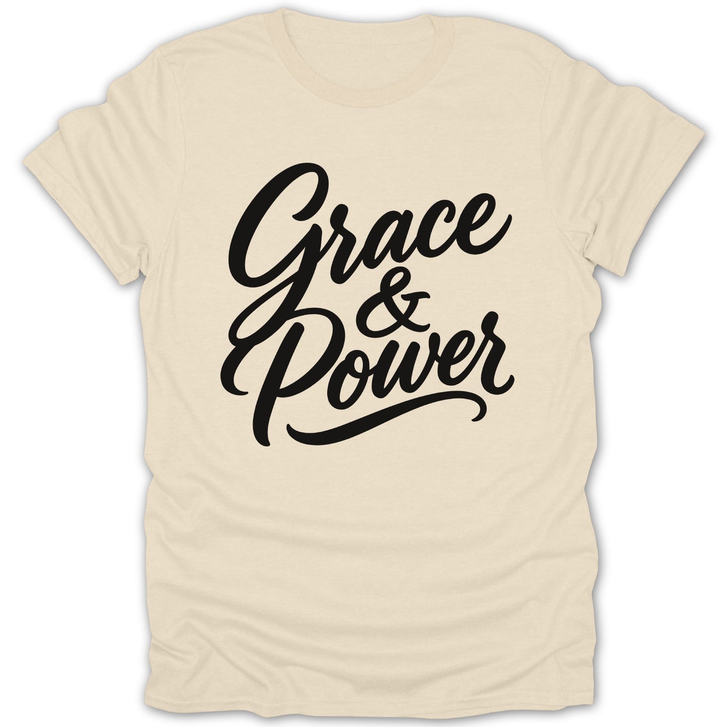 Cream t-shirt with black script text reading "Grace & Power"