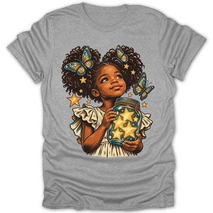 Illustration of a Black girl holding a jar of stars with butterflies and stars in her hair.
