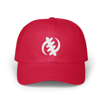 Red baseball cap with white Sankofa symbol embroidered on the front.