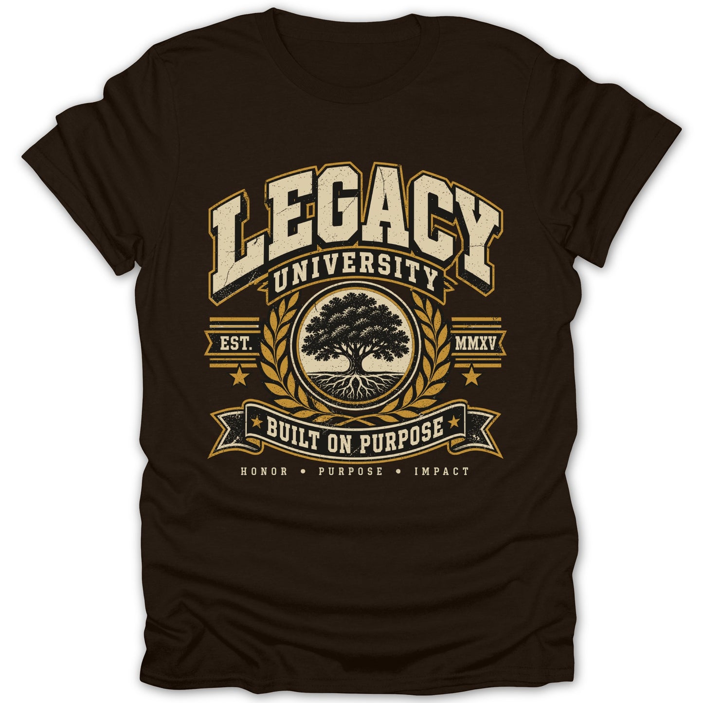 Brown t-shirt with Legacy University crest featuring a tree and motto.