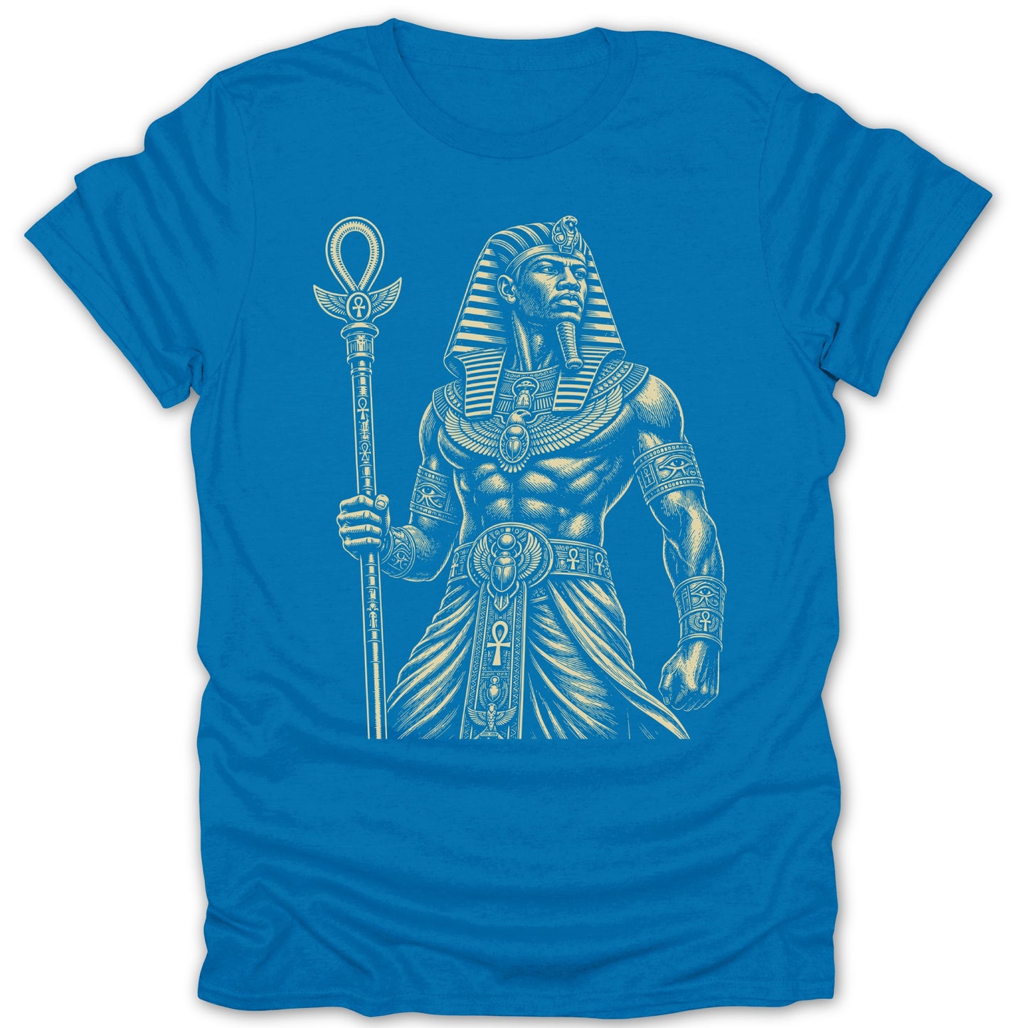 T-shirt with a blue background featuring a cream-colored sketch of an Egyptian pharaoh.