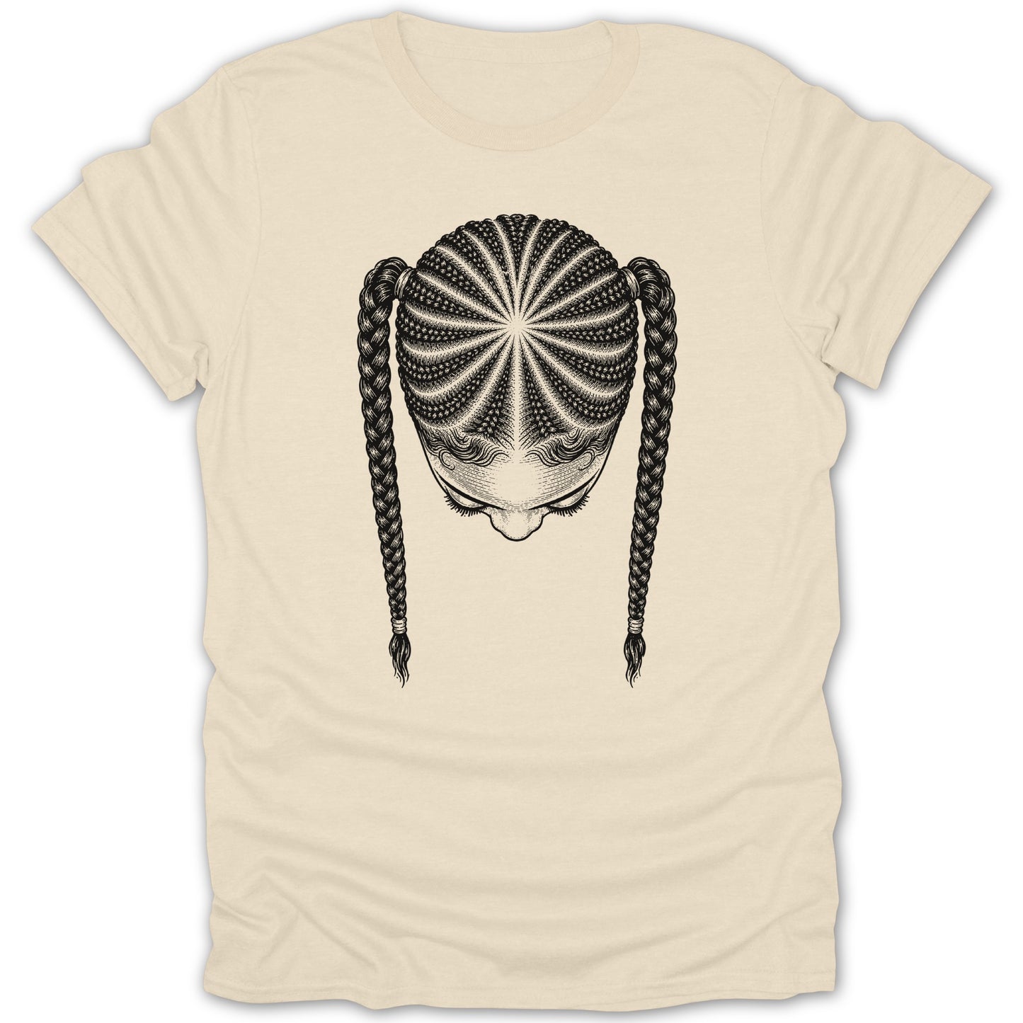Black and white illustration of a woman's head with braided hair on a cream t-shirt.