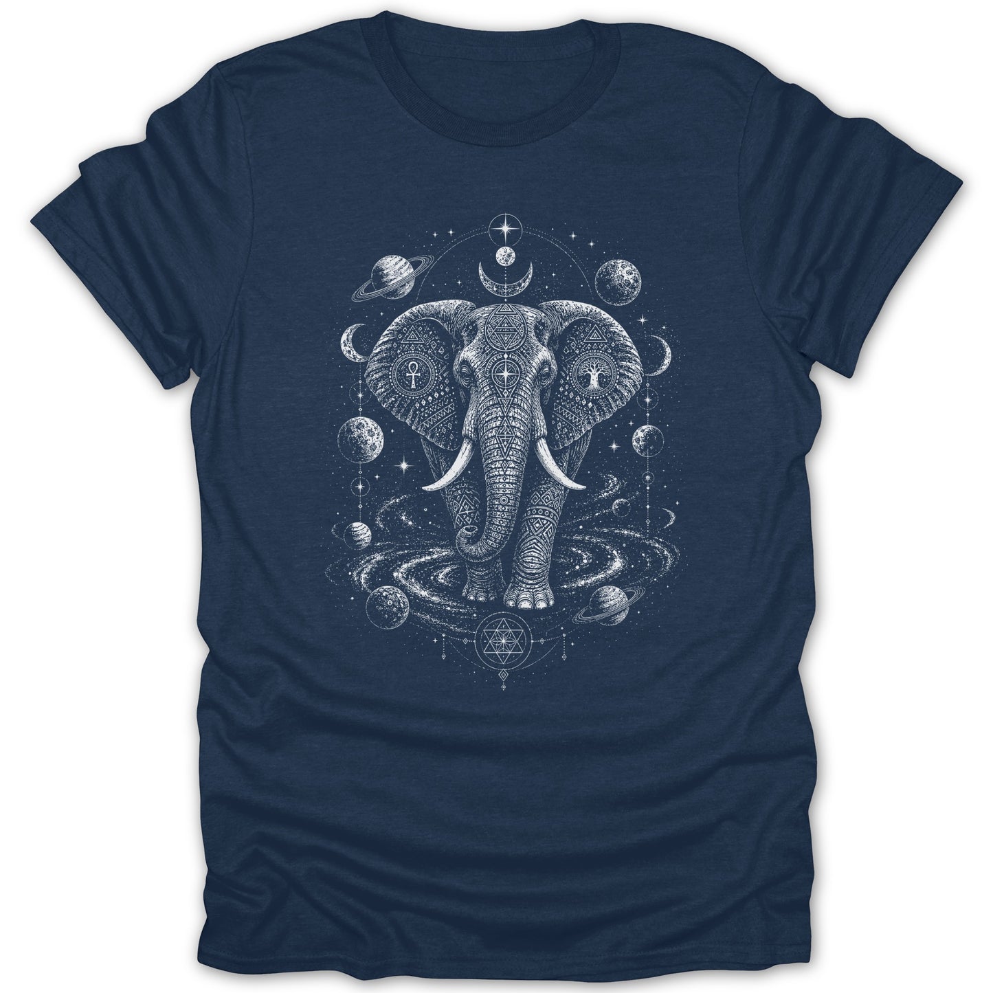 T-shirt with intricate white elephant and celestial bodies design.