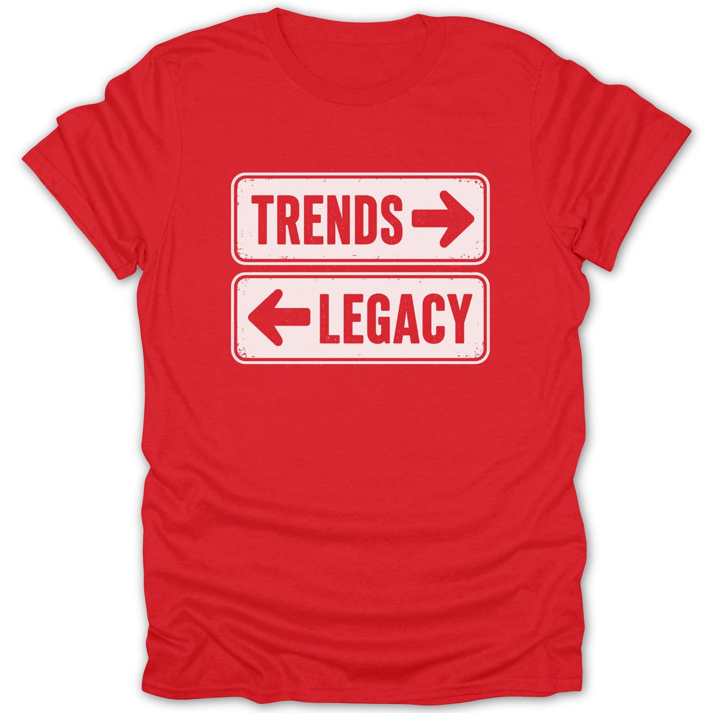 Red t-shirt with white text: TRENDS to the right, LEGACY to the left.
