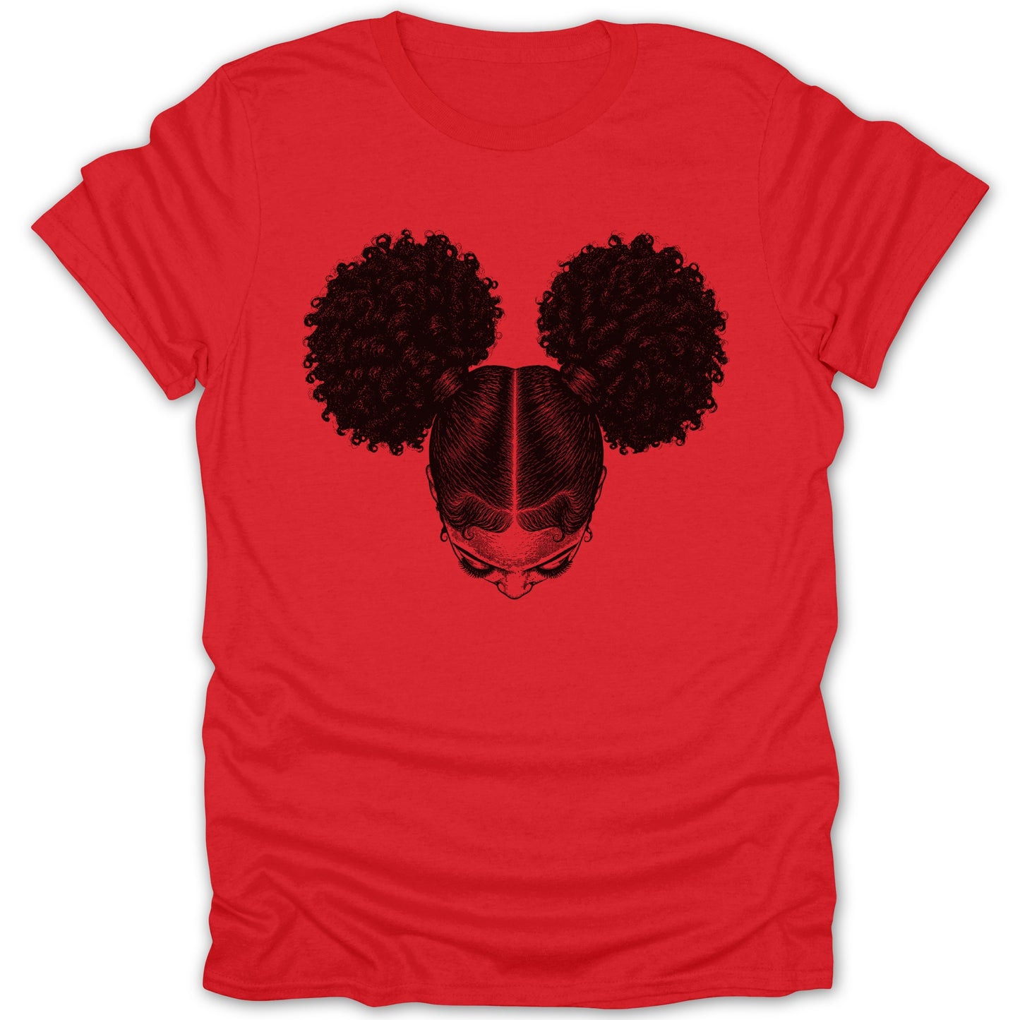 Red t-shirt with black line art of a woman's head with two afro puffs.