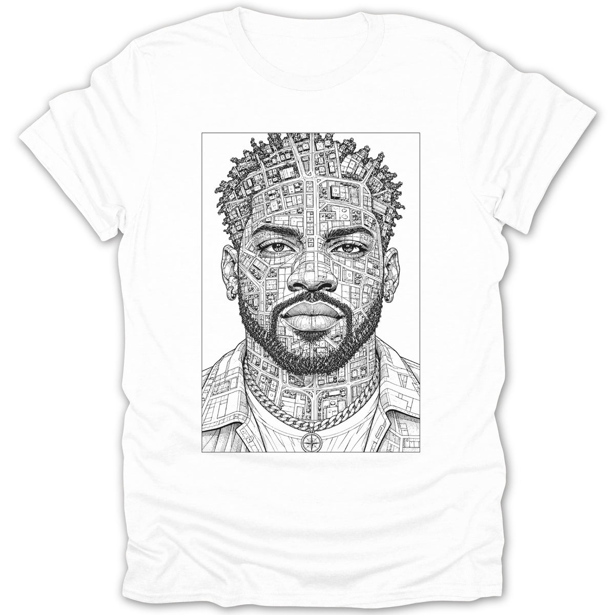Black and white line drawing of a man's face with a city map pattern on his skin.