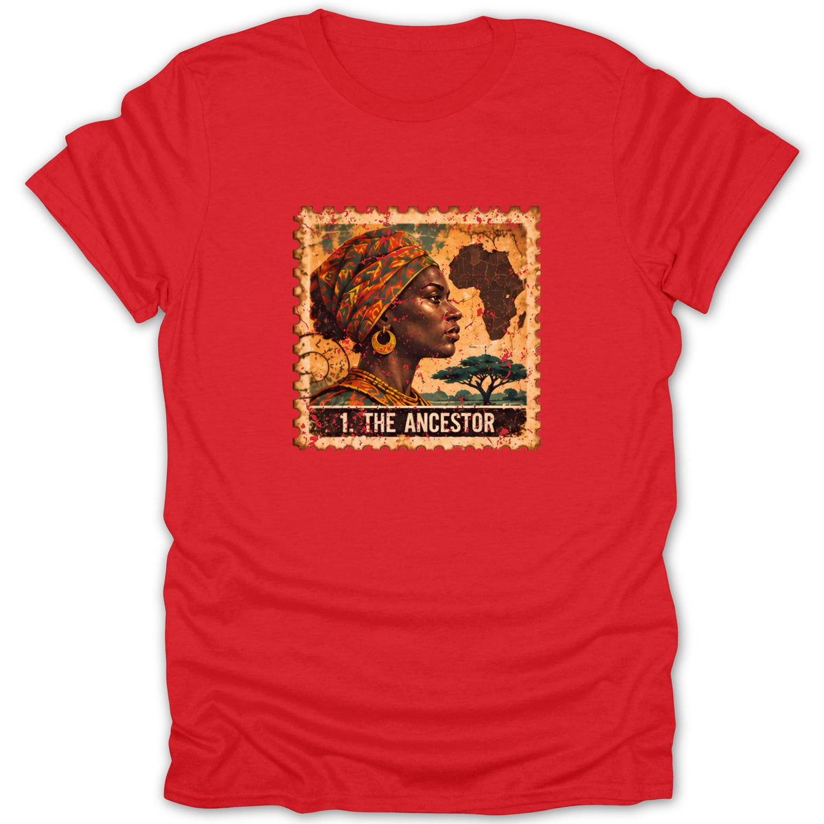 A red t-shirt featuring a postage stamp graphic of a woman in profile with text reading 1. THE ANCESTOR.