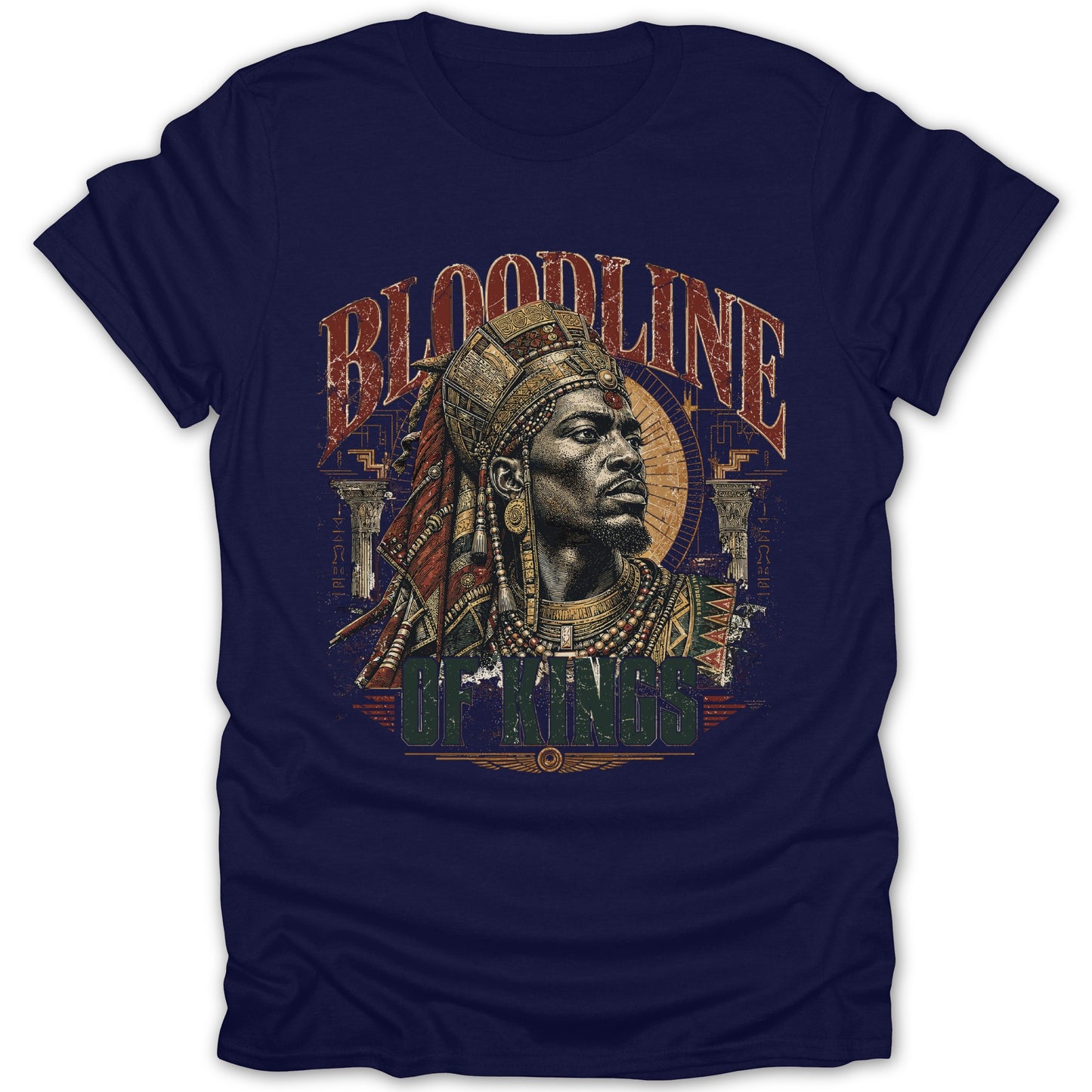 Dark blue t-shirt with a graphic of a crowned man and text "BLOODLINE OF KINGS".