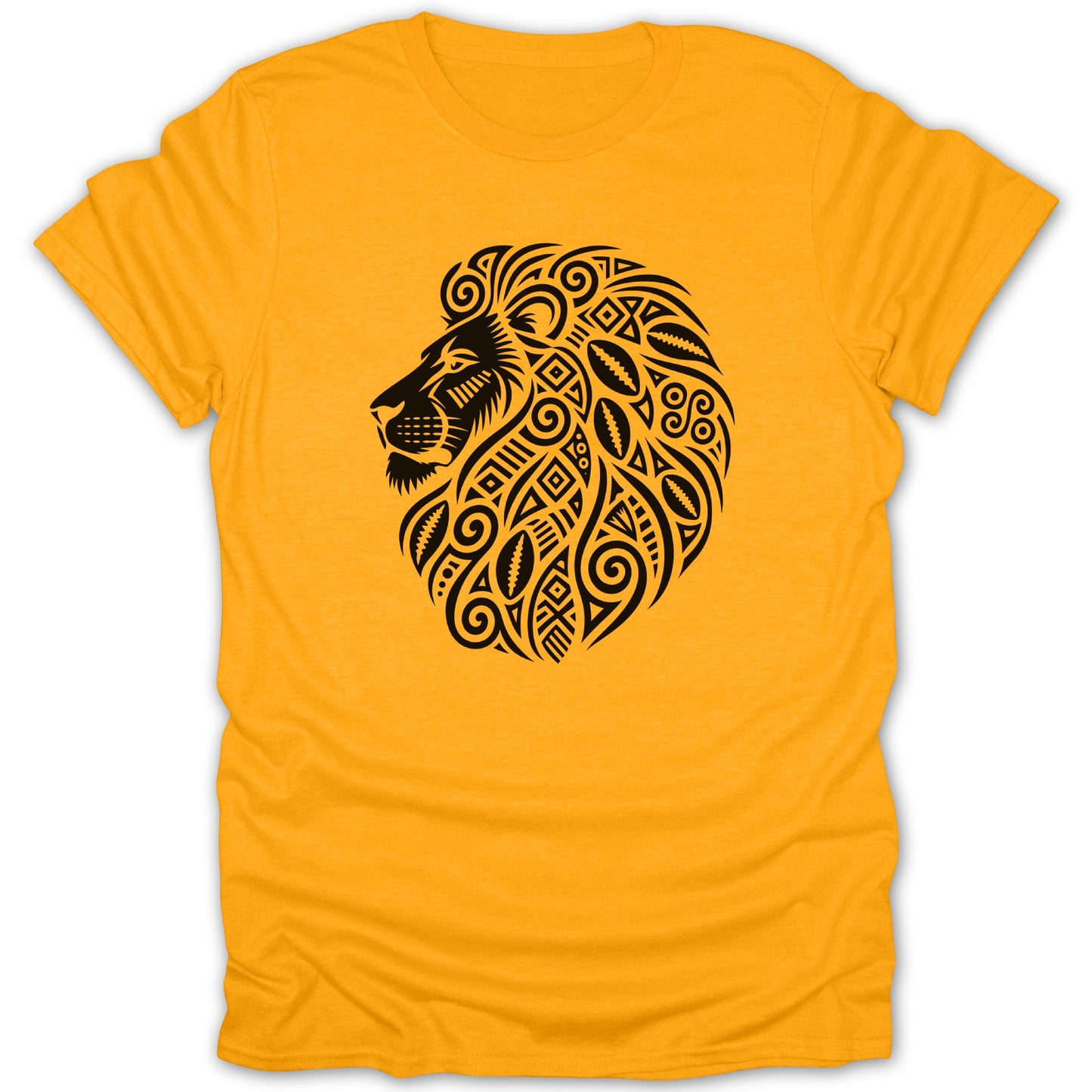 Yellow t-shirt with a black tribal lion head graphic on the chest.