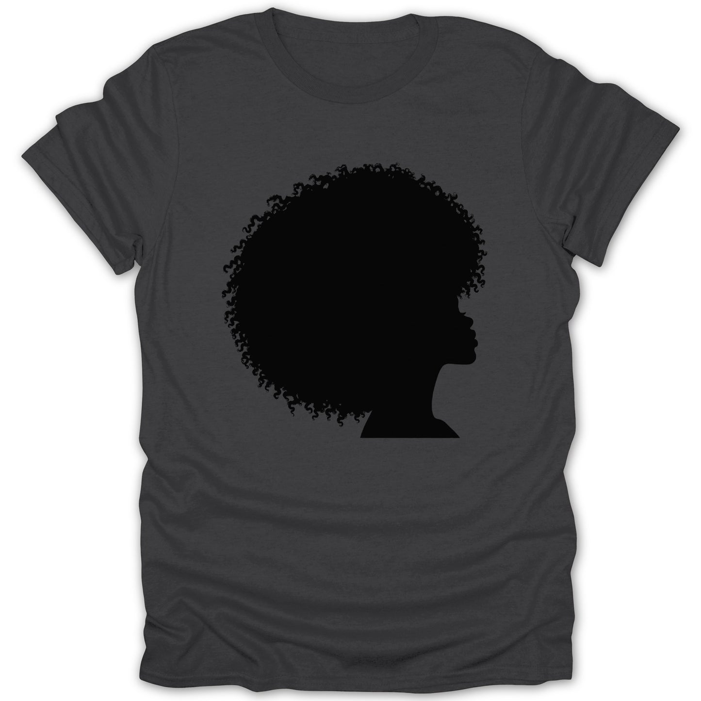 Dark grey t-shirt with black silhouette of a woman's profile with an afro