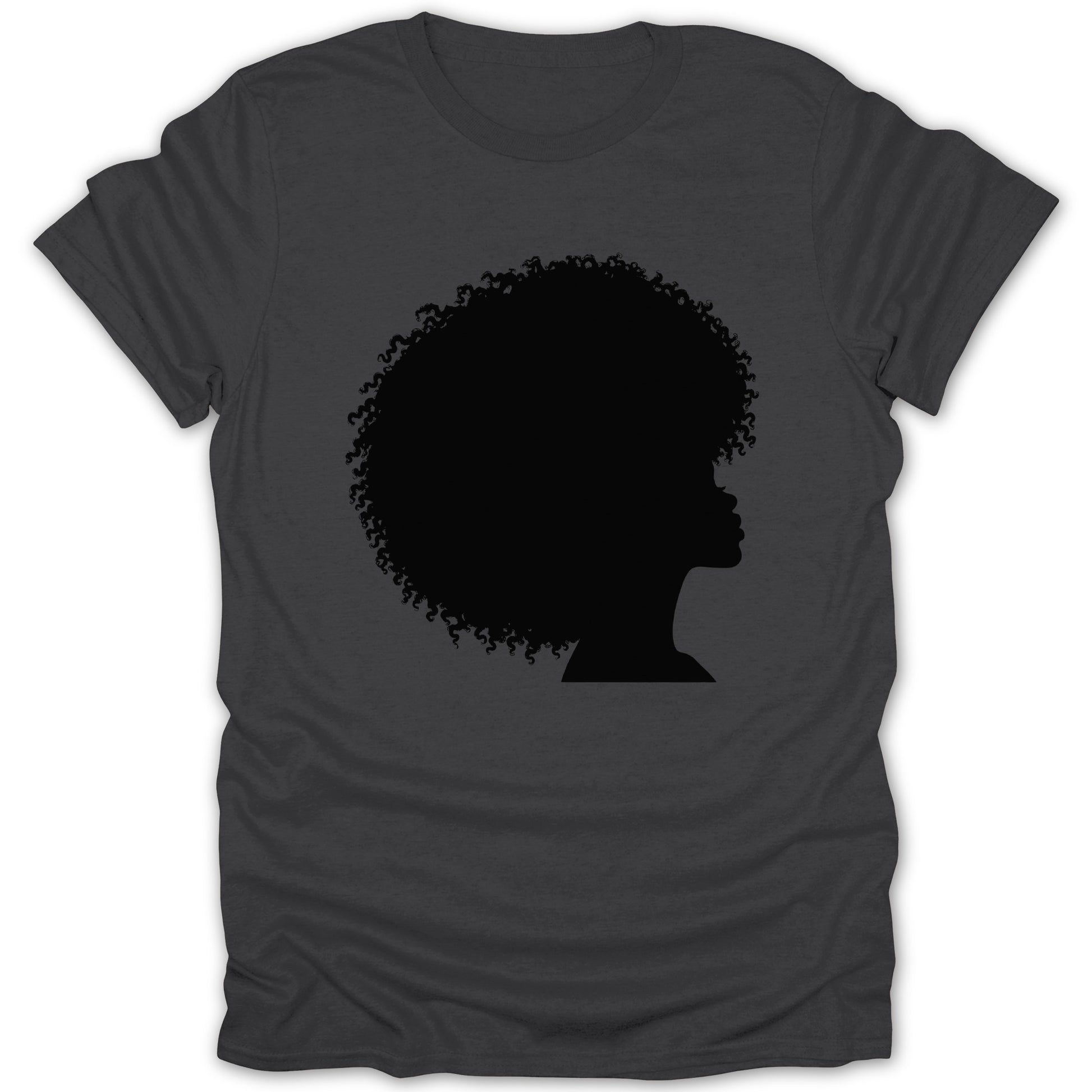 Dark grey t-shirt with black silhouette of a woman's profile with an afro