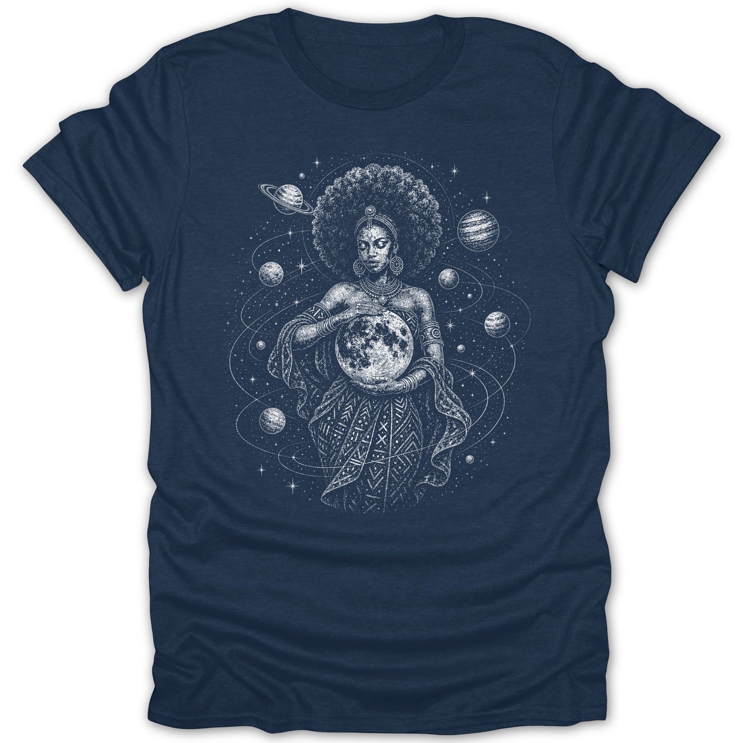 Woman holding moon with planets and stars in cosmic design.