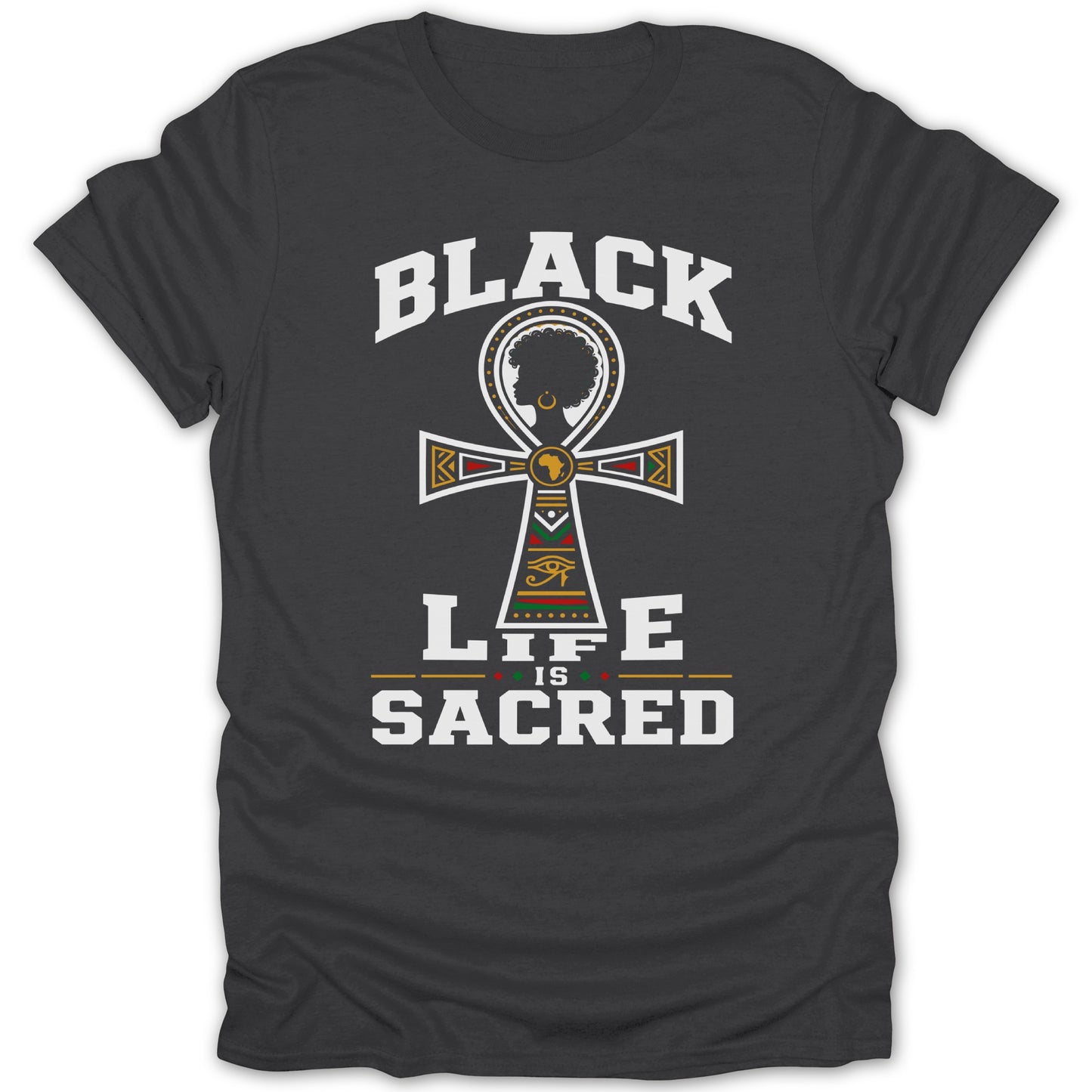 Black Life is Sacred graphic on a dark gray t-shirt.
