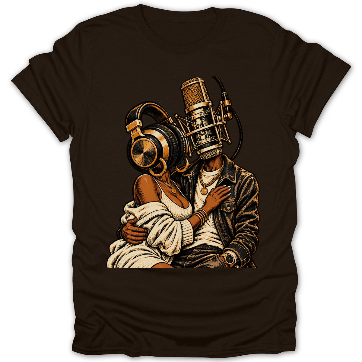 Couple with microphone and headphone heads in vintage illustration style.