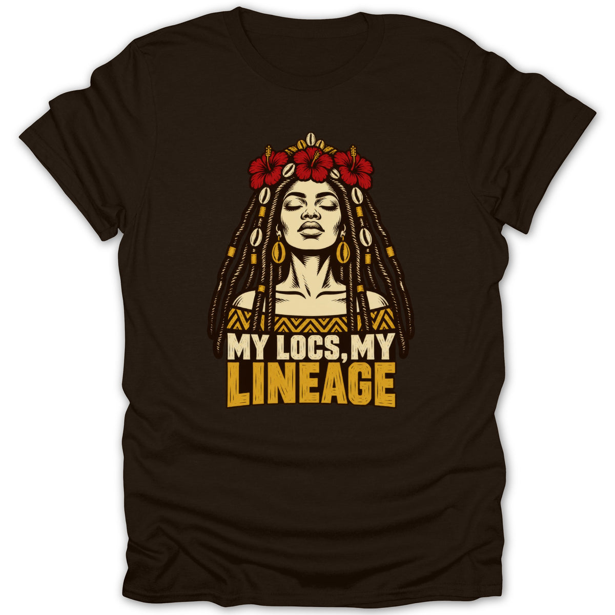 A black t-shirt features a graphic of a Black woman with locs and the text My Locs, My Lineage.