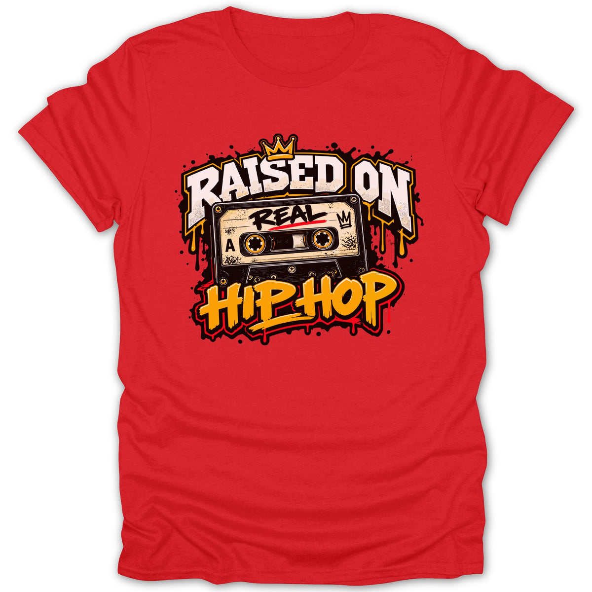 Red t-shirt with "Raised on Real Hip Hop" graphic featuring a cassette tape.