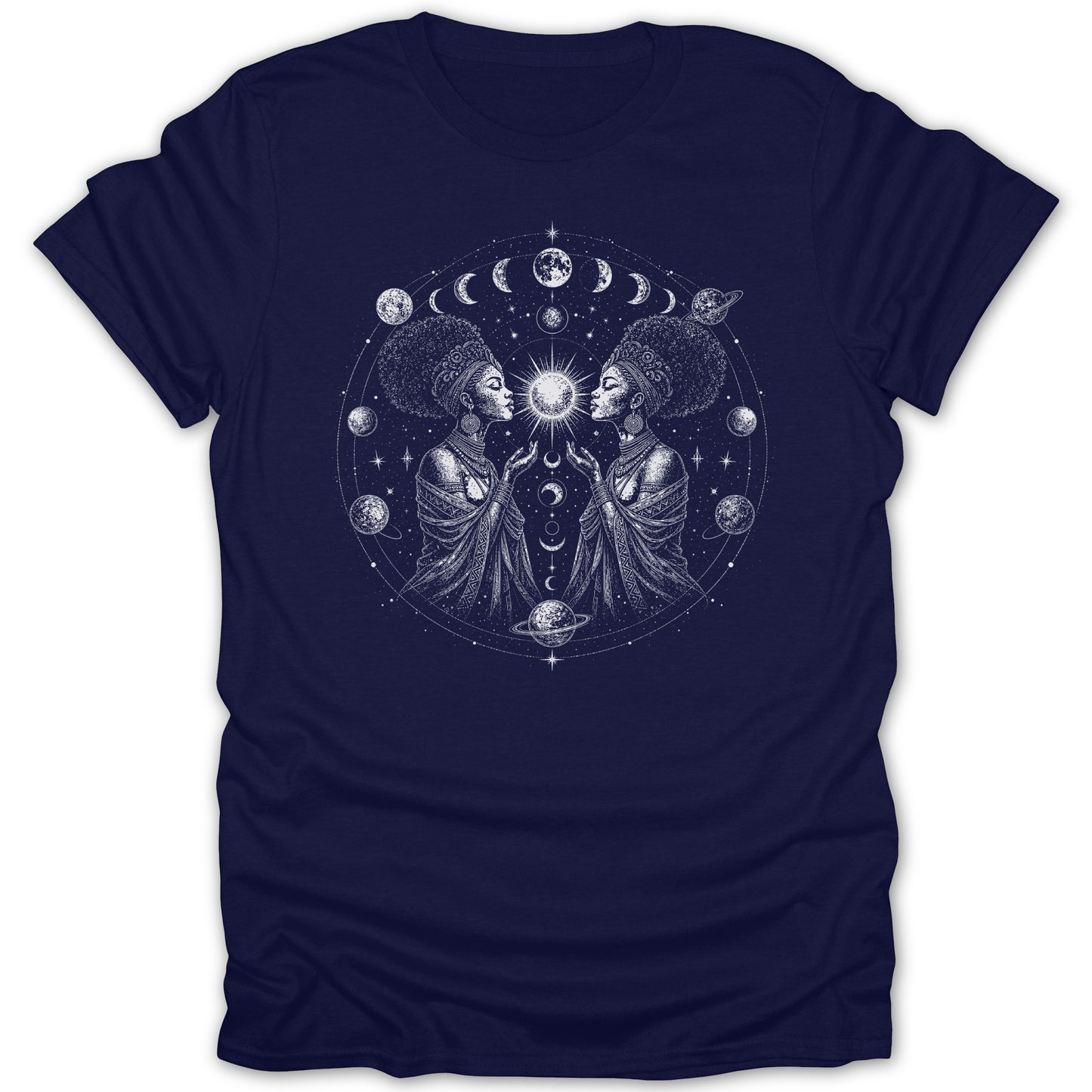 T-shirt with graphic of two women, moon phases, planets, and sun.