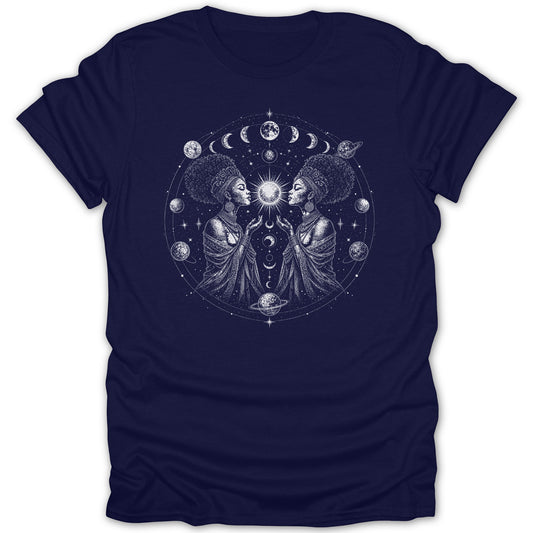 T-shirt with graphic of two women, moon phases, planets, and sun.