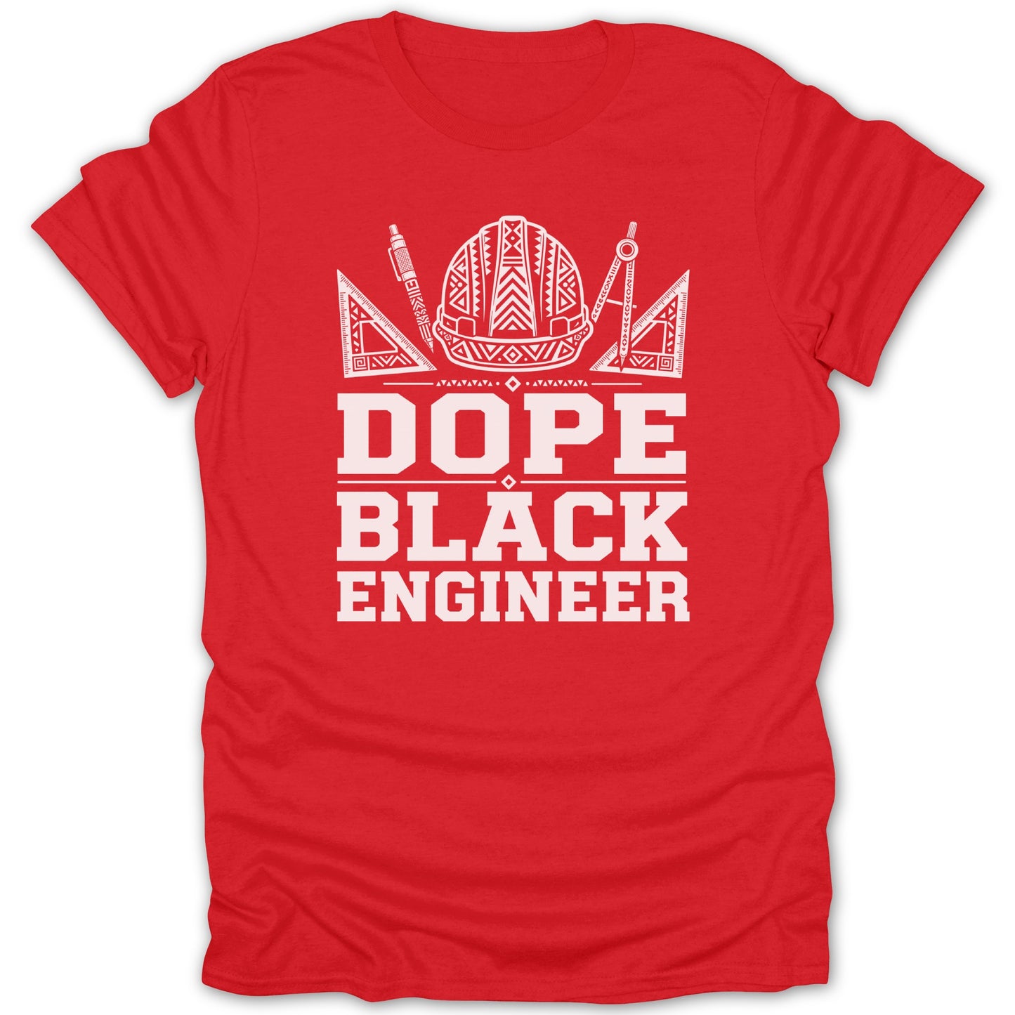 Red t-shirt with white text "DOPE BLACK ENGINEER" and engineering graphics.