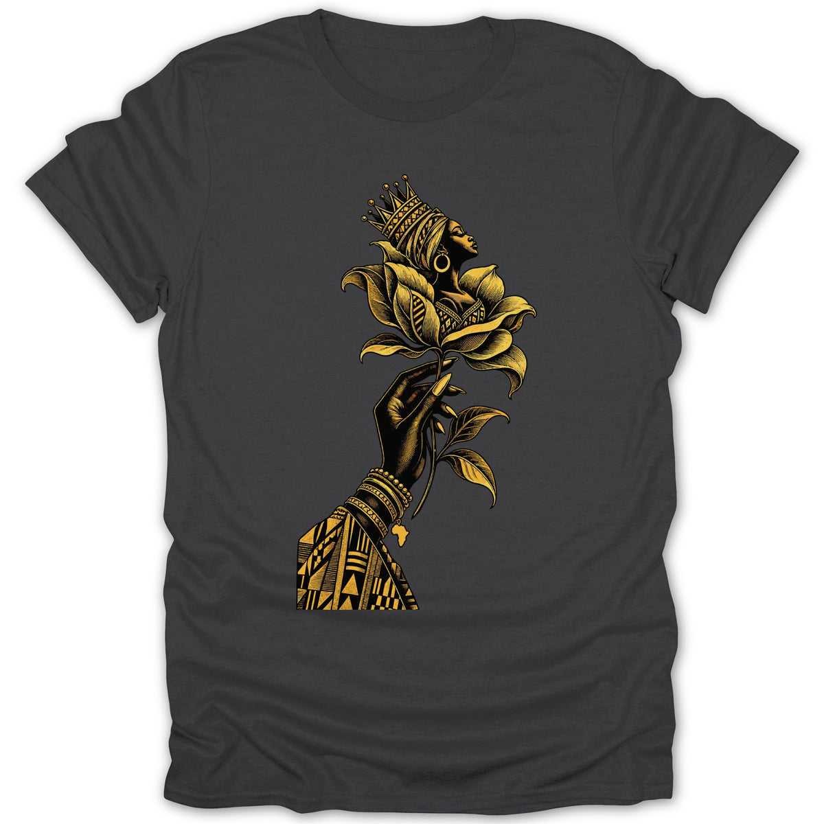 Black t-shirt with a graphic of a crowned woman's head emerging from a flower held by a hand.