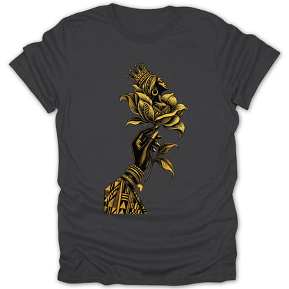Black t-shirt with a graphic of a crowned woman's head emerging from a flower held by a hand.