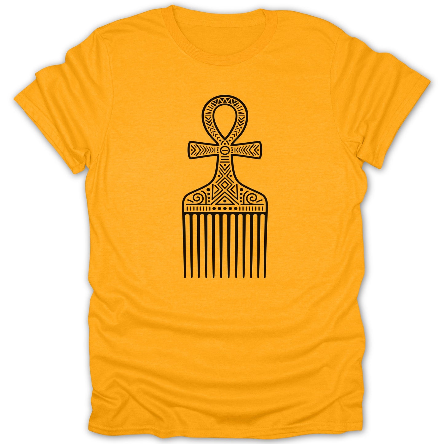 Orange t-shirt with a black print of an ankh and comb design.