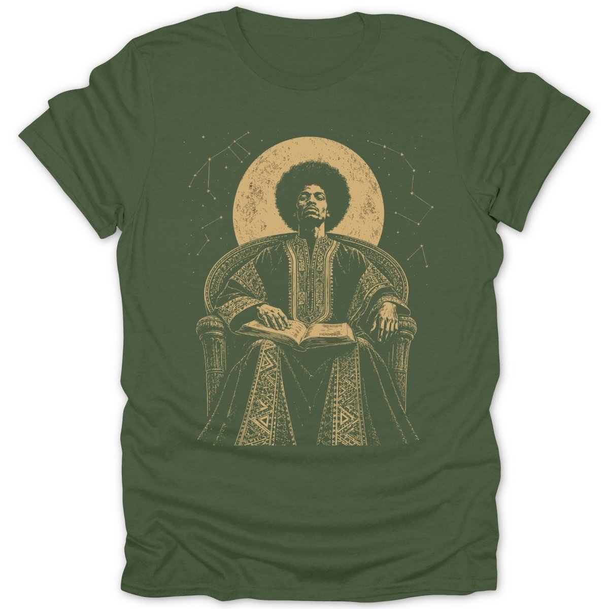 Man with afro in ornate robes sits reading a book under a full moon with constellations.