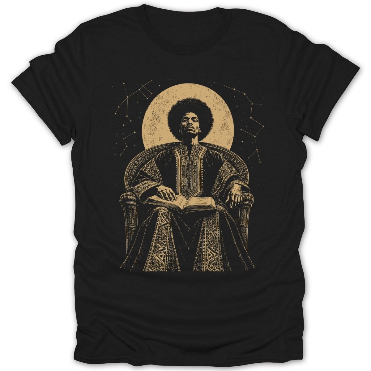 Illustration of a person with an afro sitting on a throne reading a book under a moon and constellations.