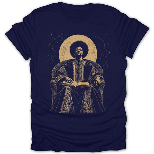Man with afro reading book in ornate chair before moon and constellations.