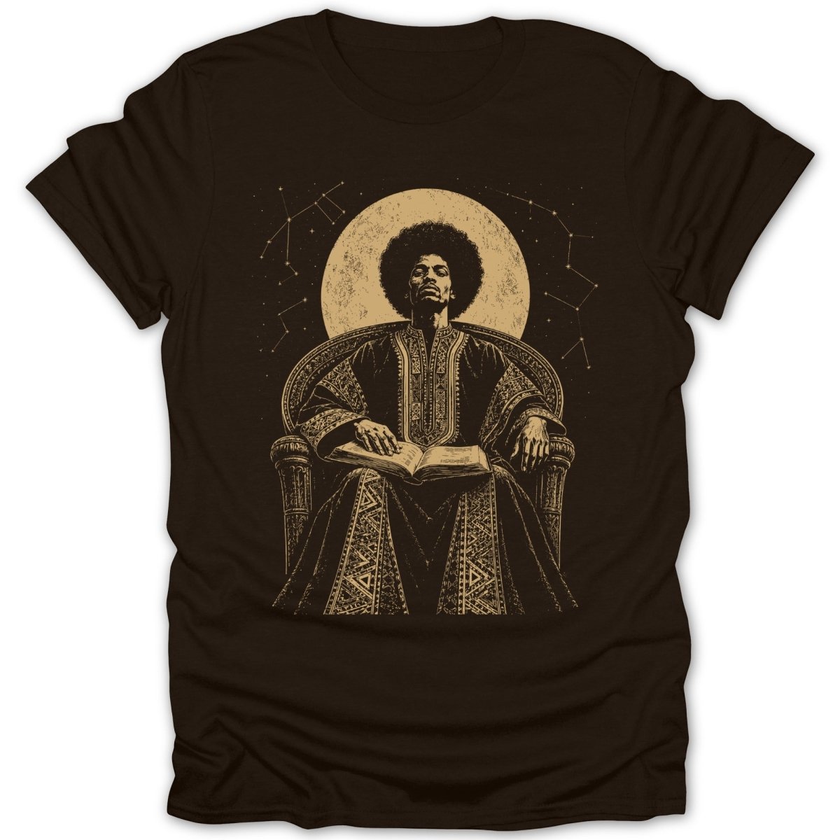Illustration of a man with an afro sitting in an ornate chair, reading, with a moon and constellations.