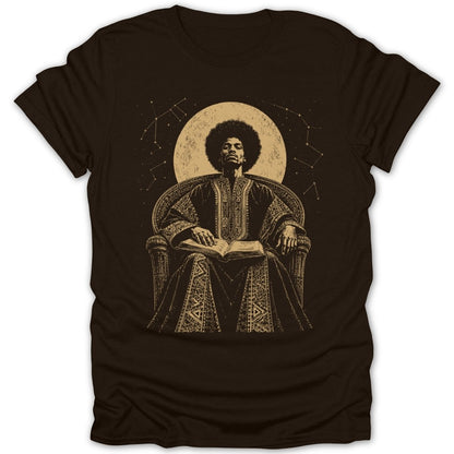 Illustration of a man with an afro sitting in an ornate chair, reading, with a moon and constellations.