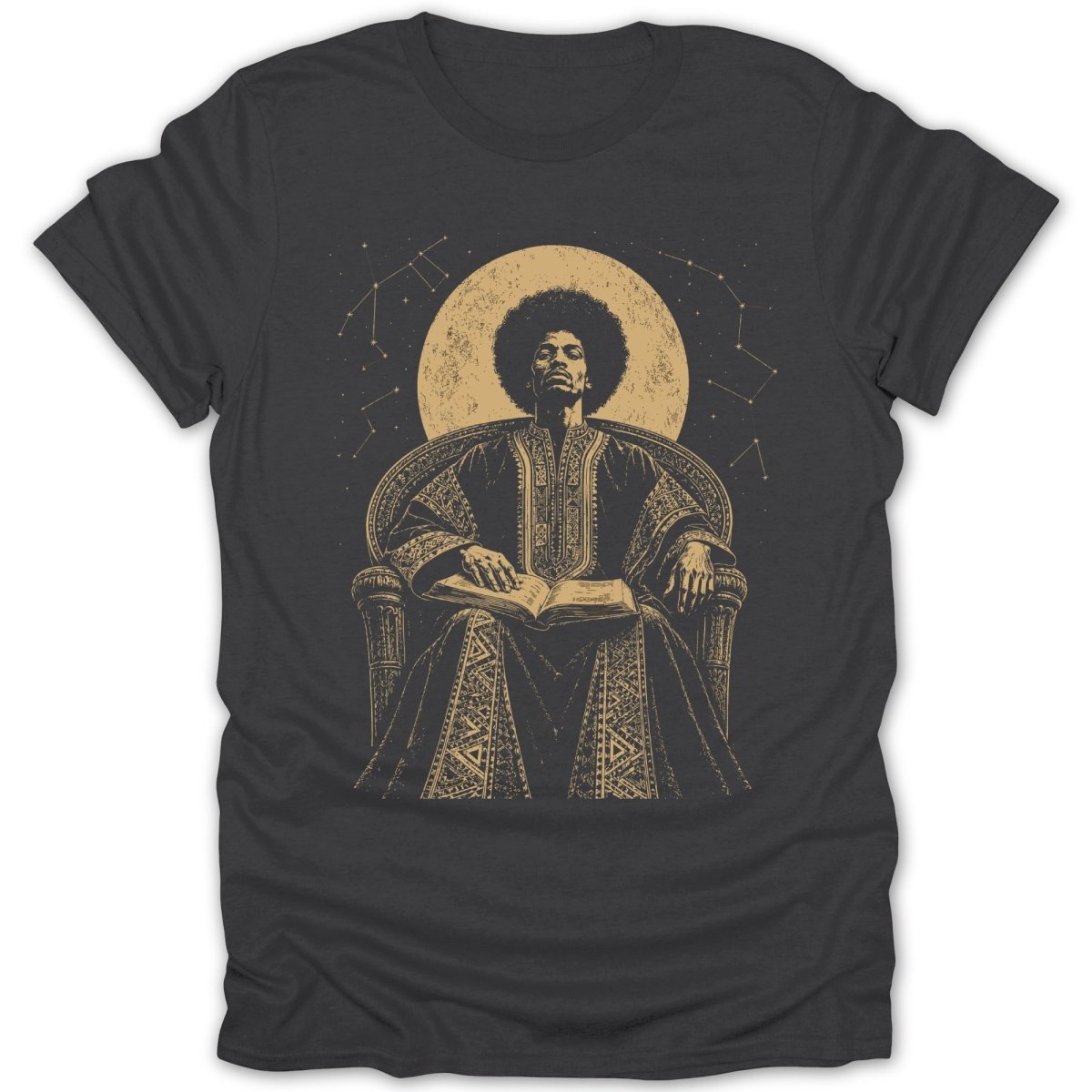 Man with afro sitting in ornate chair, reading a book under the moon and constellations.