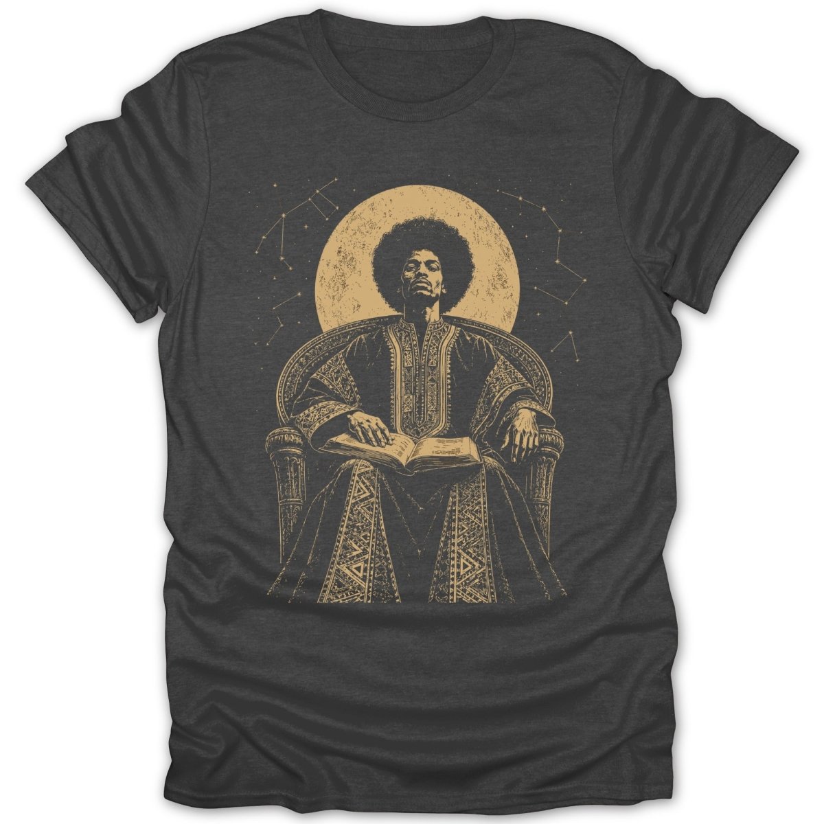 T-shirt with a graphic of a seated man with an afro reading a book under a moon and stars.