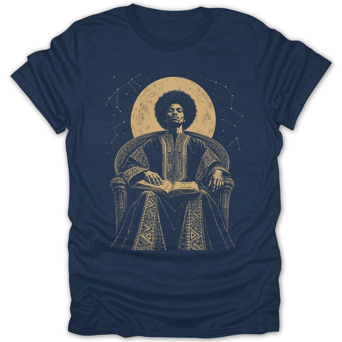 Man with afro reading book under moon with constellations and starry background.