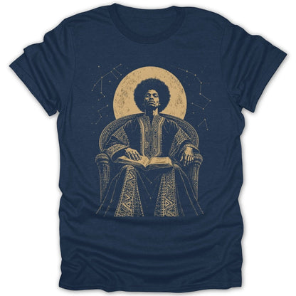Man with afro reading book under moon with constellations and starry background.