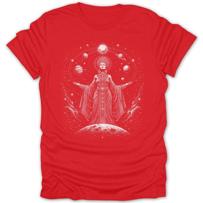 Red t-shirt with white print of a celestial woman holding planets amongst stars.