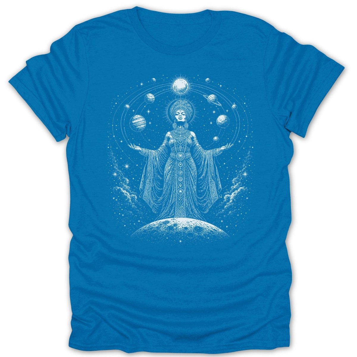 White line art of a crowned figure surrounded by planets and stars on a blue t-shirt.