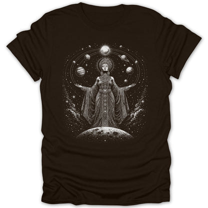Woman in elaborate celestial gown between planets and stars on dark t-shirt.