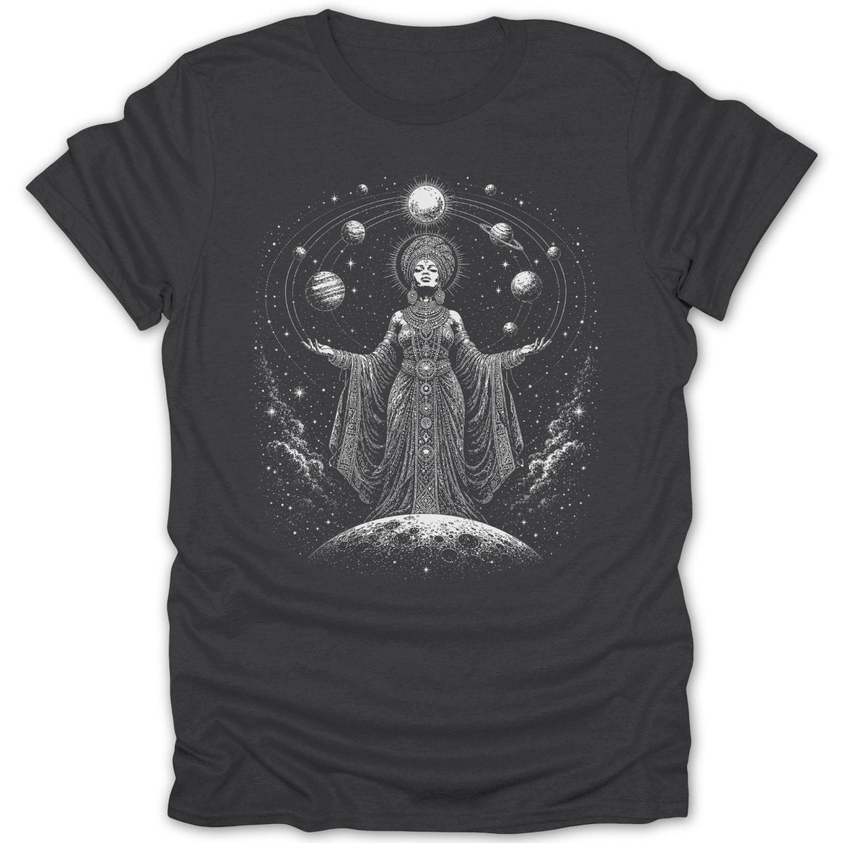 Illustration of celestial goddess with planets in orbit around her on a dark shirt.