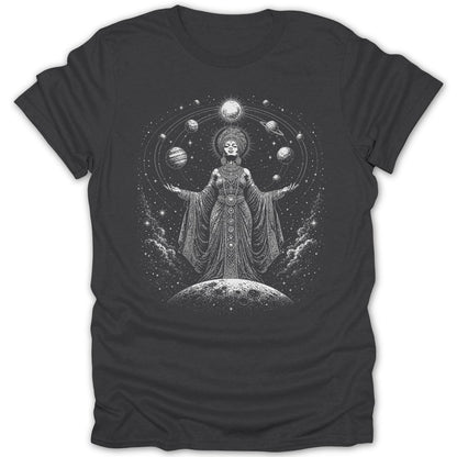 Illustration of celestial goddess with planets in orbit around her on a dark shirt.