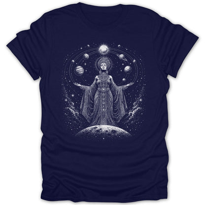 Woman in ornate dress on moon surrounded by planets and stars.
