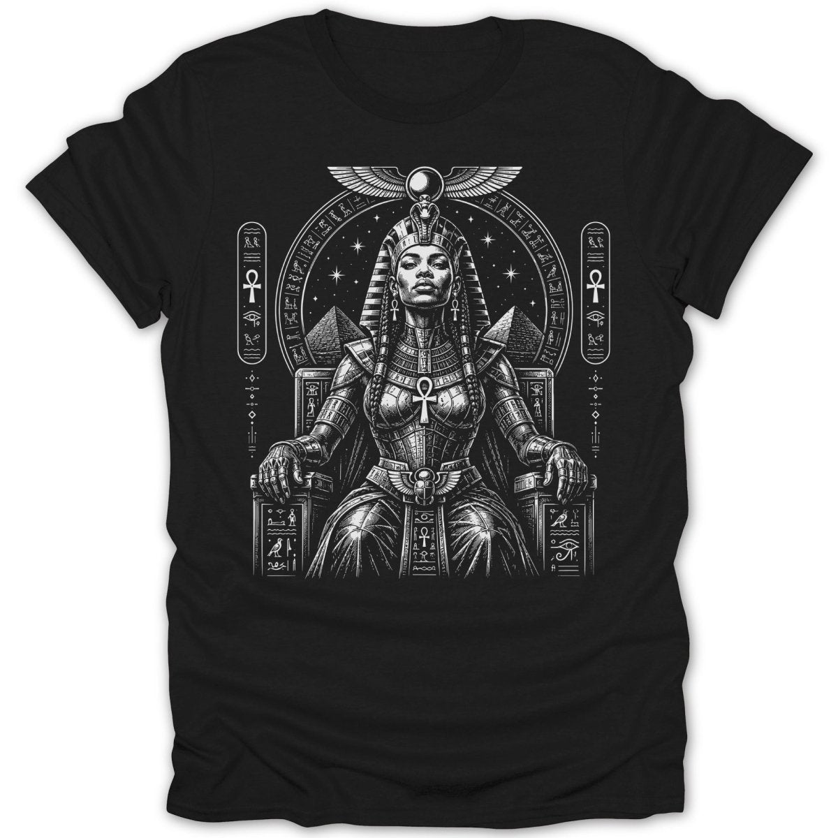 T-shirt featuring a black and white illustration of an Egyptian queen on a throne.