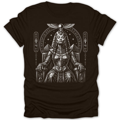 Queen Nefertiti sits on a throne, adorned in Egyptian regalia.