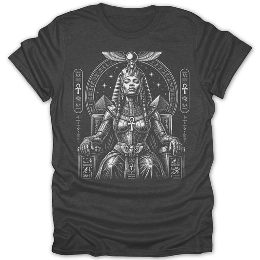 T-shirt design of an Egyptian queen seated on a throne.